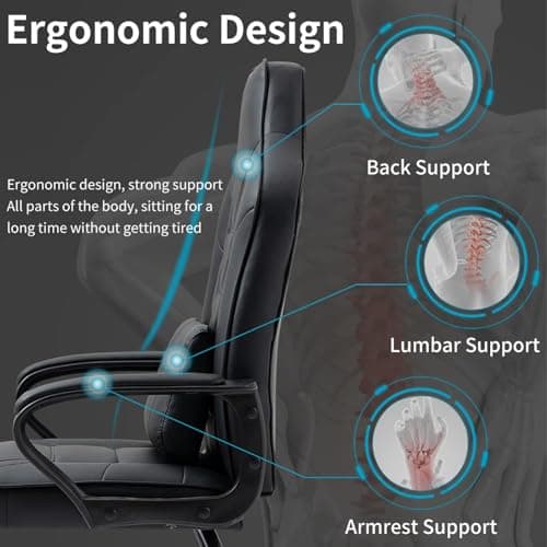 Leather Office Guest Chair No Wheels High Back Computer Reception Chairs with Padded Arms Waist Pillow for Gaming Meeting Conference Waiting Room, Black