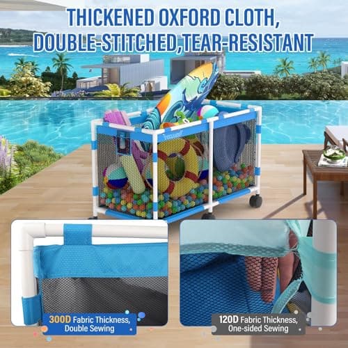 Pool Storage Bin - 235 Gallon 69" L Extra Large Pool Float Storage Organizer with Heavy Duty Tear & Sunlight Resistant Nylon Mesh, 360° Rolling Pool cart for Noodles,Toys,Floats,Balls