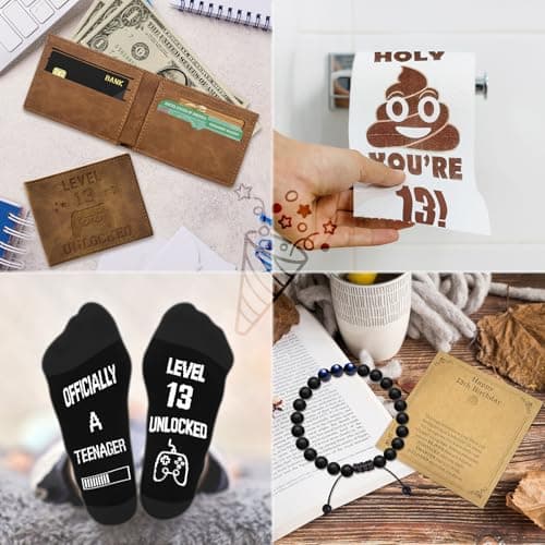 JTAMOHI 8 Pcs Happy 13th Birthday Gifts for Boys, 13 Year Old Boy Birthday Gifts Ideas with 20 Oz Tumbler, Funny Socks, Toilet Paper, Teen Wallet, Bracelet, Keychain for Son, Nephew, Grandson, Brother B0DSPNCMLB