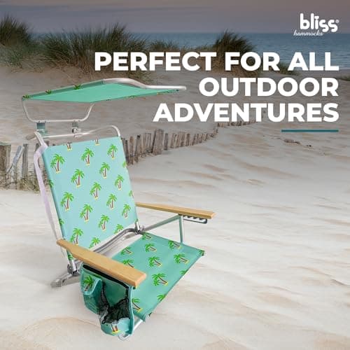 Bliss Hammocks Folding Beach Chair Recliner with Canopy Shade, Palm Tree