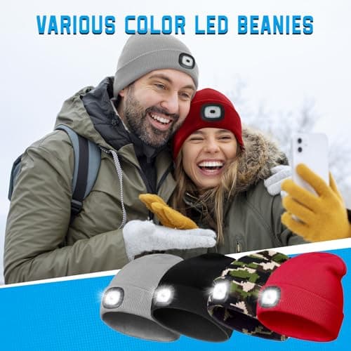 Christmas Stocking Stuffers for Men Adults, Beanie Hats with Light, USB Rechargeable LED Hand Free Headlamp, Birthday Gifts for Men, Women, and Teens, Ideal for Camping, Hiking, Red