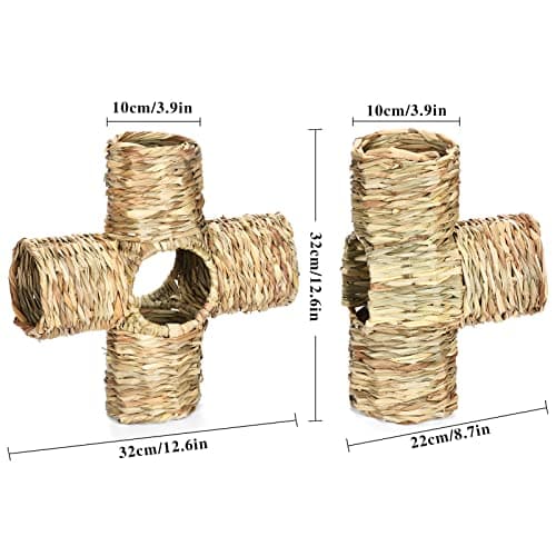 Rabbit Grass House Woven Pet Bed 4-Way Tube Tunnel Nest Chew Toys for Hamster Hedgehog Junior Hamster Grass House Rabbit Grass Tunnel Edible Hand Made Natural Grass Hideaway