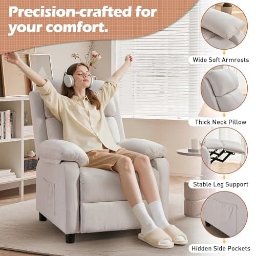 Korser Recliner Chair, Living Room Chairs for Adults, Padded Deep Seat Reading Chair with Side Pockets, Small Recliners for Small Spaces, Lounge Chair for Living Room, Bedroom, and RV (Linen)