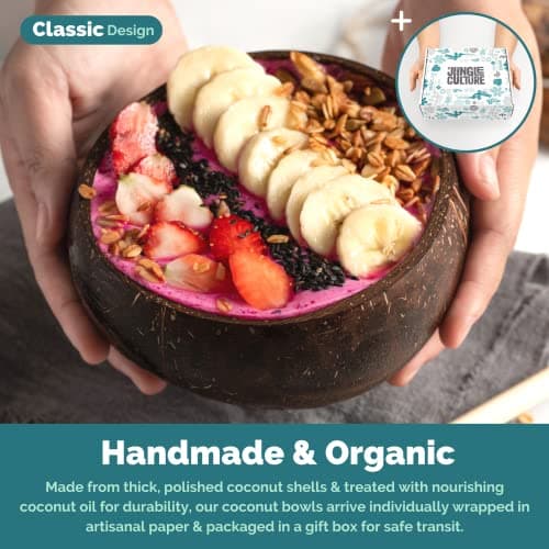 Jungle Culture 2 Polished Coconut Bowl & Wooden Spoons Set with Bamboo Straws • Natural Yoghurt & Smoothie Bowls Ideal for Ninja Creami • Healthy Coco Shell Buddha, Acai • Eco Friendly Vegan Gifts