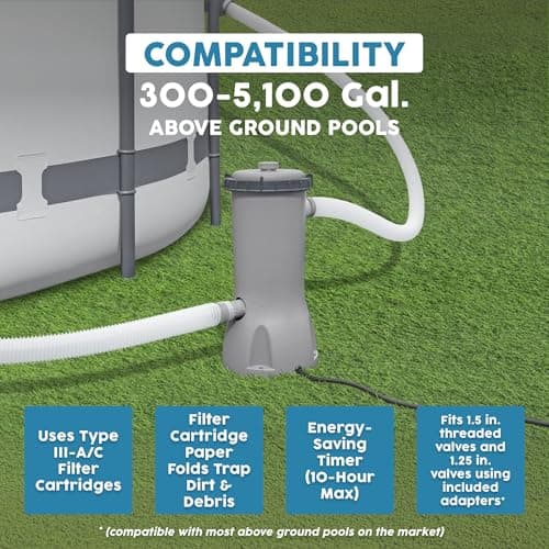Bestway 1,500 GPH Filter Pump for Above Ground Swimming Pool with Type III A/C Cartridge, Adapter Accessories and Timer