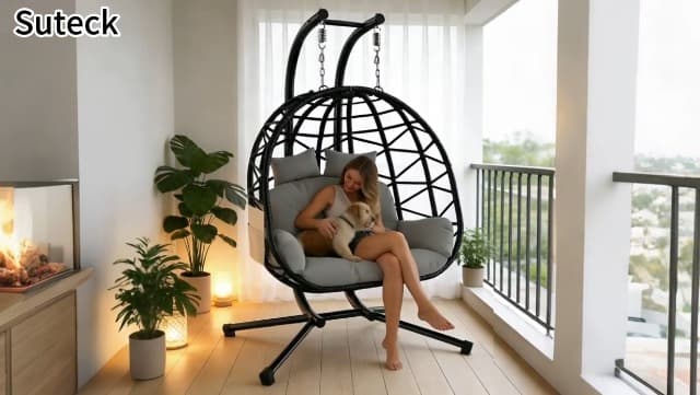 Suteck Double Hanging Egg Chair with Stand, Outdoor Indoor 2 Person Wicker Egg Swing Chair with Cushion, 700lbs Capacity for Patio, Bedroom, Garden - Black