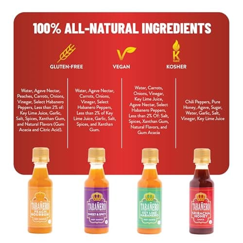 1.7 oz Mini Glass Bottles, Kit Includes Peach Bourbon, Key Lime Habanero, Sweet & Spicy, All Natural, Gluten Free, Low Sodium Tabañero Variety Hot Sauce Gift Set, Kosher, Sriracha Honey, 4-Pack B0CN9P7XD7