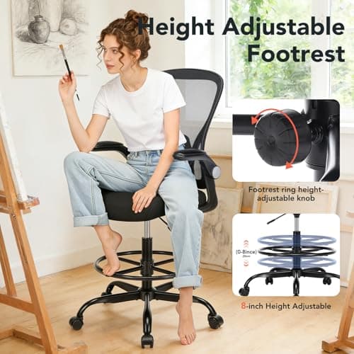 Drafting Chair, Tall Office Chair for Standing Desk, Mesh High Desk Chair with Flip-Up Armrests, Ergonomic Office Chair with Lumbar Support, Adjustable Footrest Ring Studio Chair, Black