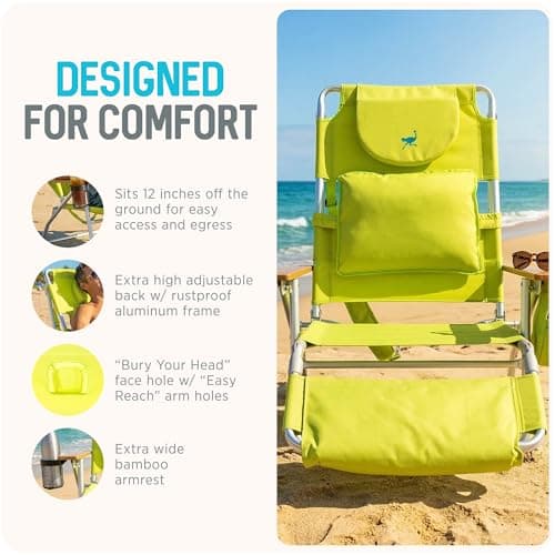 Ostrich the Deluxe 3N1 Lightweight Lawn Beach Reclining Lounge Chair with Footrest, Outdoor Furniture for Patio, Balcony, Backyard, or Porch, Lime