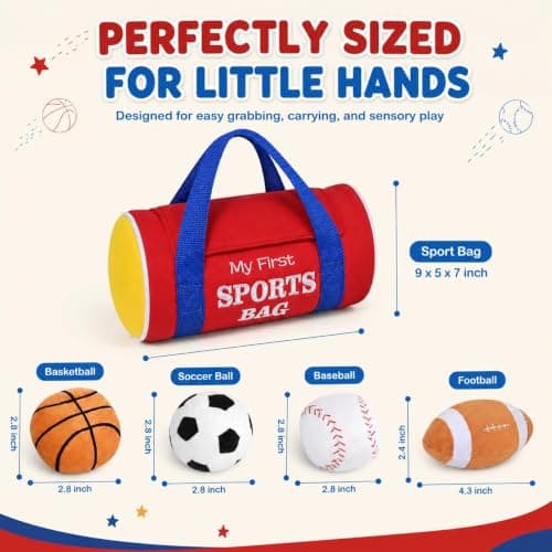 KMUYSL Baby Toys 0-12 Months, My First Sports Bag Plush Toy - 4 Sensory Balls Soft Toys with Crinkle, Rattles for 0-3-6-9-12 Month Newborn Infant, 1st Birthday for Babies Boys Girls Age 1