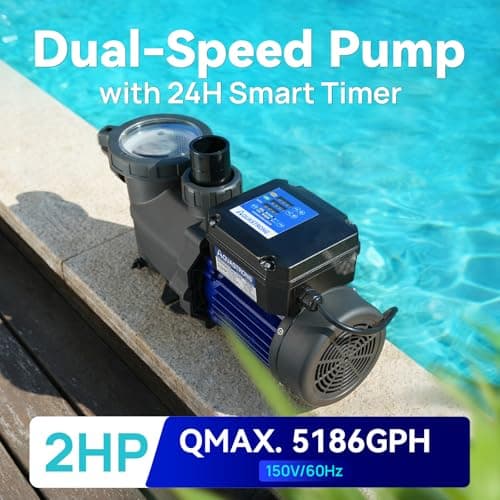 AQUASTRONG In/Above Ground Pool Pump, High Flow (Dual Speed with Timer, 2HP, 115V, 5186 GPH)