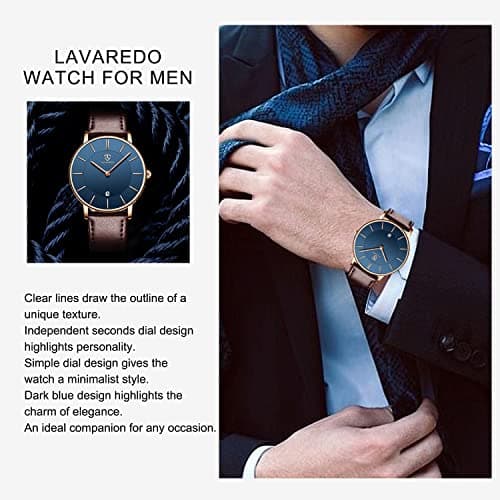 L LAVAREDO Watch for Men, Extremely Thin Mens Watches Minimalist Analog Men's Leather Wrist Watches with Time/Date, Birthday Gift for Men Boyfriend