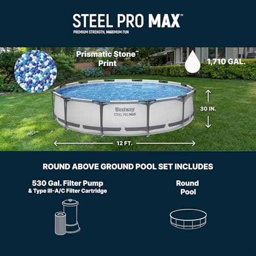 Bestway Steel Pro MAX 12' x 30" Above Ground Pool, Round Metal Frame Outdoor Swimming Pool Set with Filter Pump & Type III A/C Cartridge, Gray