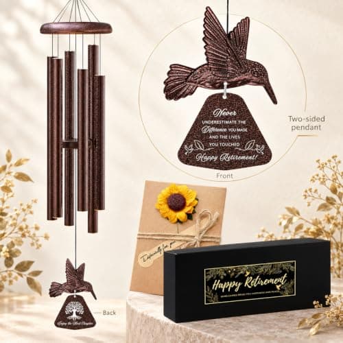 Sunflower greeting card shares warm retirement wishes for women and men, colleagues, bosses, teachers, friends, or coworkers. Wind Chimes Retirement Gift for Women, 32 Inch Hummingbird Chime with Card B0FD3MFY59