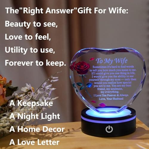 Wedding Anniversary Birthday Christmas Valentine's Day Gift from Husband, To My Wife, K9 Crystal, Color Changing LED Romantic Gifts for Wife Crystal Heart Rose Keepsake LED Base B0GV7TXQF4