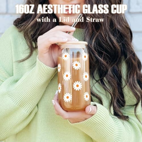 Birthday Gifts for Women, Teen Girl Gifts, Birthday Gifts for Her, Happy Bday Gift Box for Girl, Women, Sister, Daughter, Best Friend, Friendship, Cute Daisy Glass Cup Gifts Set 7PCS, 16oz, Beige