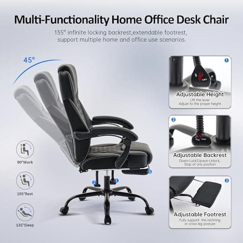 amseatec Office Chair, Big and Tall Office Chair with Foot Rest Ergonomic Chair for Home Desk, Reclining High Back Leather Chairs with Lumbar Support(Black)