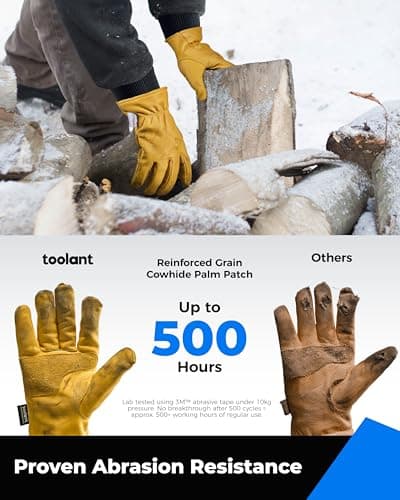 toolant Leather Winter Work Gloves for Men, 100% Grain Cowhide with Warm Thinsulate Lining, Water & Abrasion Resistance