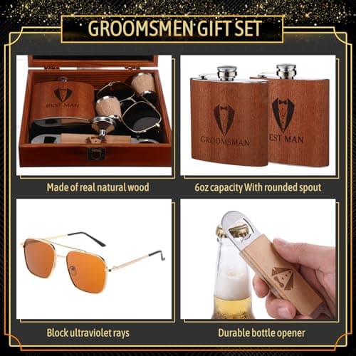 Complete Proposal Gift Set, Box, Flasks, Sunglasses, Funnel, Bottle Opener, Wooden Cups, Bachelor Party Favor 42 Pcs Groomsmen Gifts Set of 6 Wedding Best Man Gift, Brown B0G6ZNR6MC