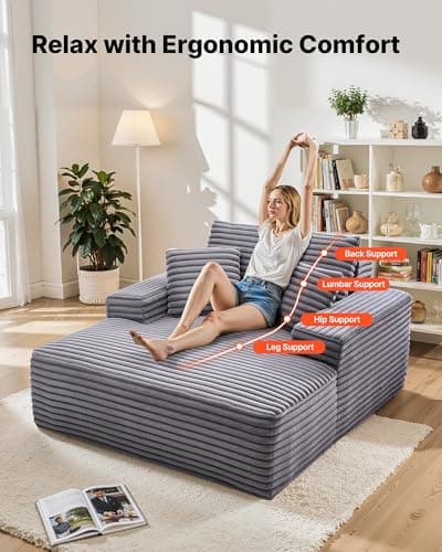 VEVOR Chaise Lounge Chair, 48 in Boneless Chaise Lounge Indoor, Modern Upholstered Oversized Reading Chair with Throw Pillows & Armrests, Sofa Couch Deep Seat Sleeper for Living Room, Bedroom, Balcony