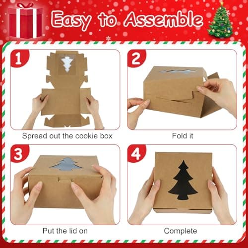 12 PCS Christmas Cookie Boxes, 6×6×3 Inches Treat Boxes Tin, Small Pastry Boxes with Window, for Gift Giving Packaging Dessert Bakery Cupcake Baked Goods (Brown)