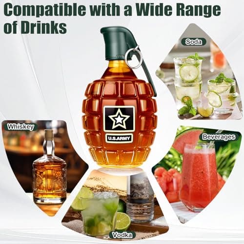 Military Hand Grenade Whiskey Bottle, 300ml Engraved Glass Hand-Grenade Shape Bottle, Leakproof Whiskey Decanter for Men Military Lovers Veteran Gifts