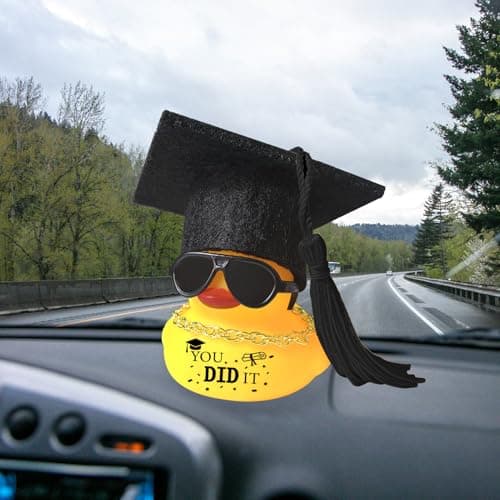 Car Dashboard Decor Graduation Hat Rubber Duck, Car Accessories Ornaments with Mini Graduation Cap, Necklace, Sunglasses for Graduates Students Grad Gift (Black) B0F26CJXTB