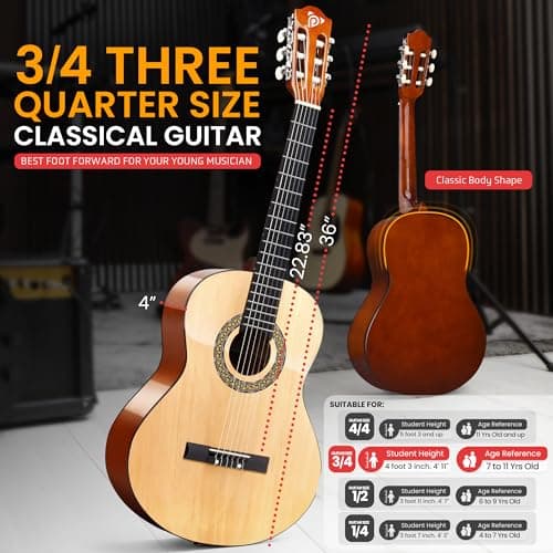 Pyle Beginner Acoustic Guitar Kit, 3/4 Junior Size All Wood Instrument with Full Accessory Kit, Picks, Shoulder Strap, Carry Case, Cleaning Cloth, Tuner App, 2 Month Lessons, 36” (Natural Gloss)