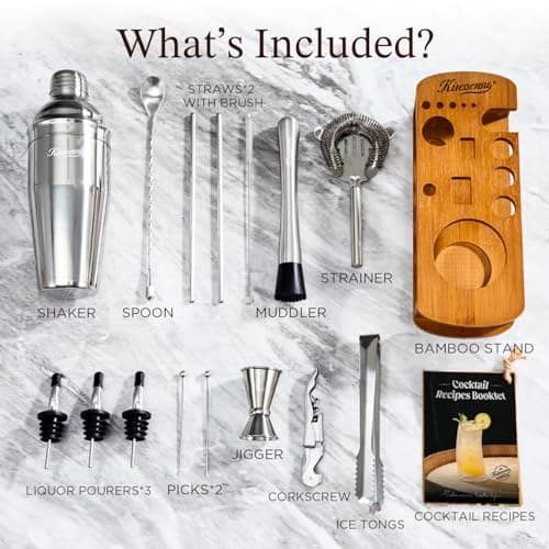 KITESSENSU Cocktail Shaker Set Bartender Kit with Stand | Bar Set Drink Mixer Set with All Essential Accessory Tools: Martini Shaker, Jigger, Strainer, Mixer Spoon, Muddler, Liquor Pourers |Silver B08BYJ8KSR