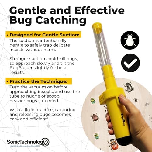 Sonic Technology BugBuster BB100 - Battery Operated Spider Catcher and Release Device, Spider Vacuum Catcher for Kids & Adult, Bug Catch and Release Tool for All Insects with Easy Switch- 14" Yellow