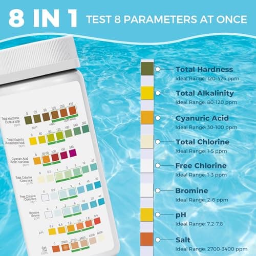Salt-Water Pool Test Strips Kit: 125 Counts 8-in-1 for Salt Water Pool Testing Kit, Salt Pool Test Strips for Hot Tub Spa Testing Salt Chlorine pH and More