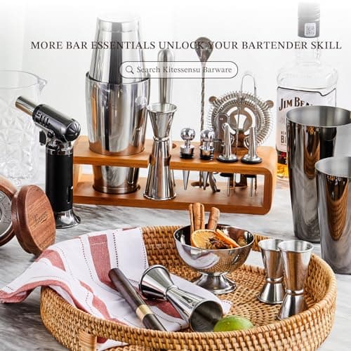 KITESSENSU Cocktail Shaker Set Bartender Kit with Stand | Bar Set Drink Mixer Set with All Essential Accessory Tools: Martini Shaker, Jigger, Strainer, Mixer Spoon, Muddler, Liquor Pourers |Silver B08BYJ8KSR