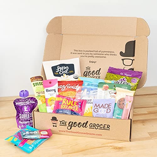 GLUTEN FREE and VEGAN (DAIRY and FIG FREE) Healthy Snacks Care Package (25 Ct): Cookies, Bars, Chips, Fruit, Nuts, Trail Mix, Gift Box Sampler, Office Variety, College Student Care Package, Gift Basket Alternative