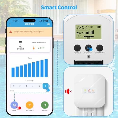WiFi Pool Alarm, Zuomeng Solar Wave Pool Alarm with Optimal Sensitivity, Remote Control by App, Dual Alarming via Device & App, Offering Extra Protection for Your Child and Pet