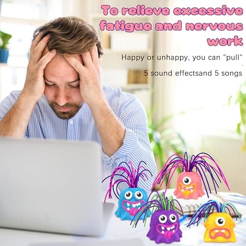 4PCS Fun Hair Pulling Fidget Screaming Monster Toys, Anti Anxiety Toys and Venting Novelty Toys, Different Screams Made by Hair Pulling, Halloween Christmas for 3 4 5 6 7+ Kids Teen Boys Girls Gifts