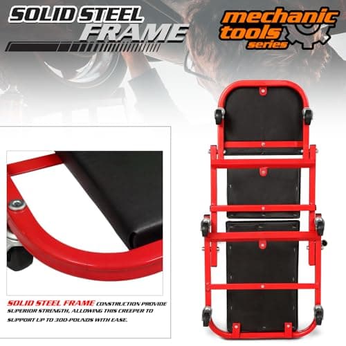 M-AUTO Foldable Z Creeper 2-in-1 Rolling Folding Car Creeper & Seat, 36" Adjustable Roller Garage Chair Lay Down or Sit, 330LBS Capacity Under Car Roller Creeper with 6 Swivel Casters, Red B0BPSQMJ9V