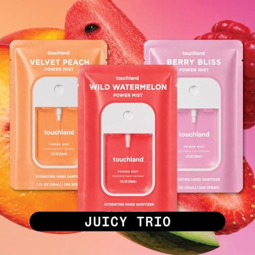 TSA ready Power Mist with skincare benefits. Velvet Peach, Berry Bliss and Wild Watermelon. Touchland Juicy Trio Hydrating Hand Sanitizer Spray Set Travel Size B09YT2H35S