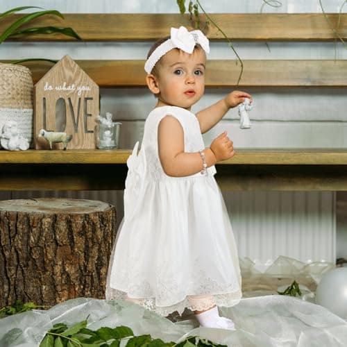 5 Pcs Baby Girl Baptism Outfit Includes Lace Christening Dresses Bowknot Headwear Cross Charm Bracelet Socks Shoes