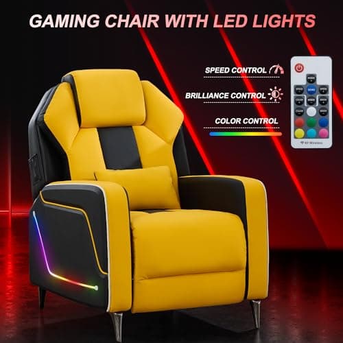 URRED Gaming Recliner Chair with LED Lights, Ergonomic Video Game Reclining Chair with Footrest, Lumbar Pillow, Side Pocket, Home Theater Recliner for Living Room, Bedroom, Gaming Room (Yellow)
