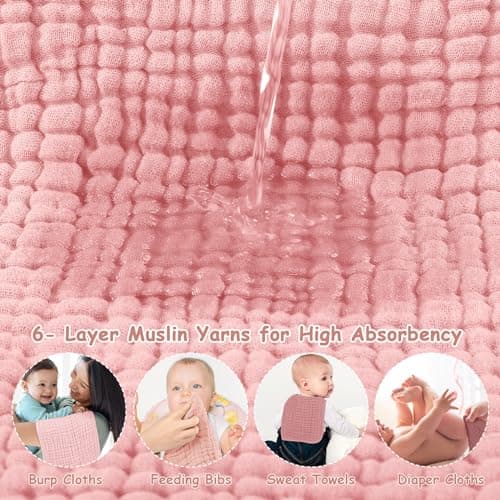 Looxii Muslin Burp Cloths Baby Girl 6 Pack - 20" x 10" - Ultra Soft & Absorbent, 6-Layer 100% Cotton for Spit Up & Drool- Gentle Baby Burping Cloth, Newborn Essentials Shower Gift Girl, Gradient Pink