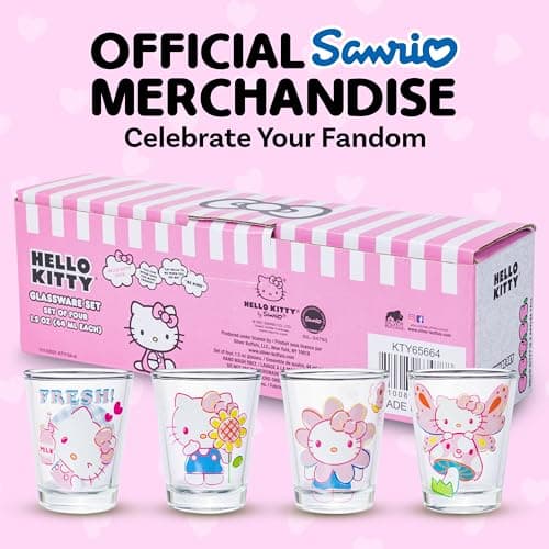 Silver Buffalo Sanrio Hello Kitty Spring Garden Flowers 4 Pack Mini Glass Set, 1.5 Ounces