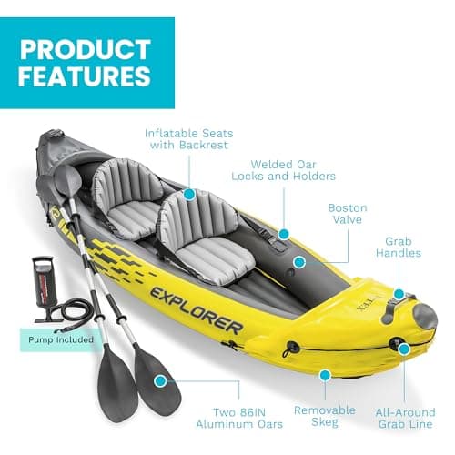 Intex 68307EP Explorer K2 Inflatable Kayak Set: Includes Deluxe 86in Aluminum Oars and High-Output Pump – SuperStrong PVC – Adjustable Seats with Backrest – 400lb Weight Capacity