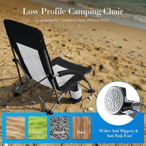 DUMOS Low Camping Beach Chair, Lightweight Folding Portable Beach Chair with Cup Holder, Storage Pocket, Breeze Mesh Back, Padded Armrests, Low Profile Chair for Camp, Picnic, Lawn, Sand, Black