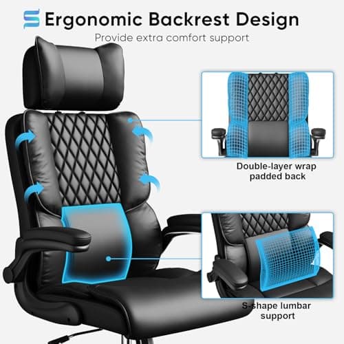 Sytas Ergonomic Office Chair with Adjustable Headrest, Executive Leather Desk Chair with Upgraded Lumbar Support for Lower Back Pain Relief, Thickened Backrest Computer Chair for Home Office, Black