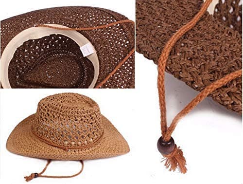 FakeFace Men's Floppy Packable Straw Hat Beach Cap Newsboy Fedora Sun Hat, Big Brim, Adjustable Chin Strap