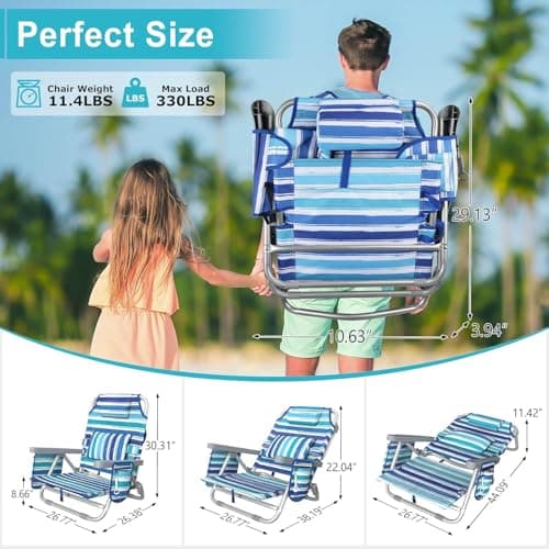 Suteck Backpack Beach Chairs for Adults, 5-Position Lay Flat Reclining Chair with Cooler Pouch, Cup Holder, Towel Bar, 2-Pack Portable Folding Beach Chair for Lawn Outdoor (1, Light Blue)