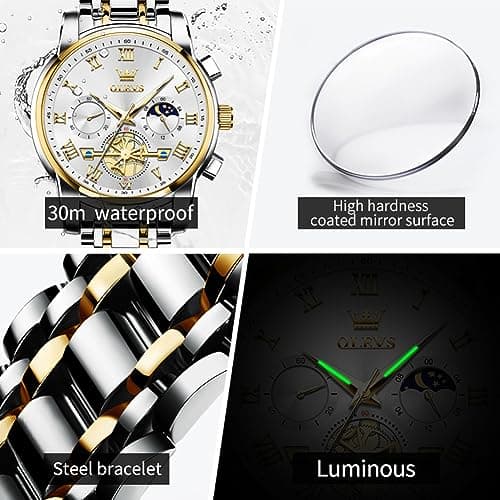 OLEVS Watches Men Waterproof Luxury Big Face Mens Watch Stainless Steel Quartz Analog Dress Watches for Men Luminous Multifunction Man Watch Relojes De Hombre
