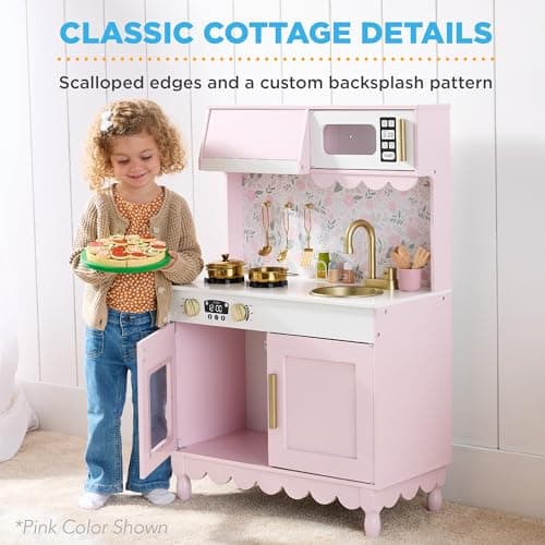 Best Choice Products Toddler Kitchen Playset, Wooden Cottage Kids Play Kitchen with 5 Accessories, Toy Storage, Scalloped Edge, and Pretend Play Microwave, Oven, Clicking Knobs - Cream