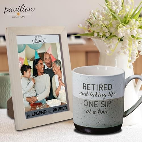 Pavilion Retirement Coffee Mug - "Retired & Taking Life One Sip at a Time" Text Design - Speckled Stoneware Coffee Cup for Retirees, Microwave & Dishwasher Safe, Beige w/ Bronze Metallic Bottom, 15 oz
