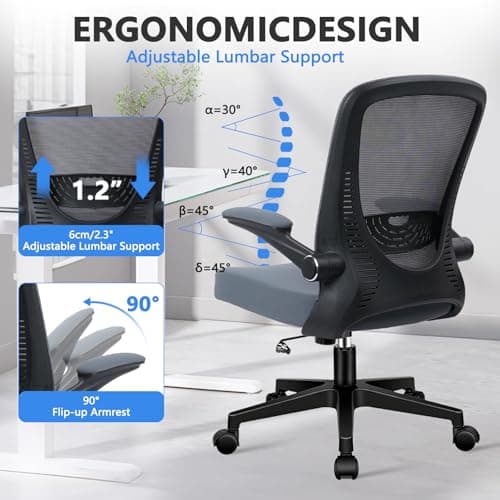 CLATINA Desk Chairs with Wheels, Flip Up Arms Ergonomic Mesh Back Office Chair with Lumbar Support, Adjustable Height Swivel Rolling Computer Task Chairs for School Conference Room Home Study, Grey